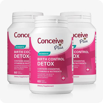 Conceive Plus Birth Control Detox 3-packs featuring three bottles of 60 vegan capsules each, arranged in a staggered front-facing layout, highlighting vibrant pink label and formulation designed to aid natural post-contraceptive hormone balance with essential vitamins and nutrients.