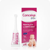 Conceive Plus Fertility Lubricant (3x4g Pre-filled Applicators) product image showing branded pink-and-white box with baby graphic alongside a single pre-filled white applicator standing upright, highlighting design and usage details labeled for couples trying to conceive.