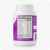 For Conceive Plus Fertility Support Bundle for Him and Her, side view of women’s fertility support supplement bottle showing full nutritional information including folic acid, iron, biotin, and magnesium levels—labeled on a purple background with dosage values and ingredient list for transparency and informed decisions.