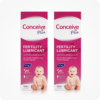 For Conceive Plus Max Combo - Fertility Lubricant Bundle, front-facing view of a double pack of 75ml fertility lubricant multi-use tubes in pink and white boxes, with baby imagery and product highlights such as Ca⁺/Mg⁺ ions, pH balance, and sperm quality support.