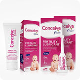Conceive Plus Max Combo - Fertility Lubricant Bundle image featuring a 75ml fertility lubricant multi-use tube and two boxes of 8x4g pre-filled fertility lubricant applicators, all in white and pink packaging with baby imagery and sperm quality support claims displayed on each product box.