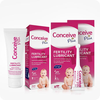 Conceive Plus Max Combo - Fertility Lubricant Bundle image featuring a 75ml fertility lubricant multi-use tube and two boxes of 8x4g pre-filled fertility lubricant applicators, all in white and pink packaging with baby imagery and sperm quality support claims displayed on each product box.