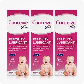 For Conceive Plus Max Combo - Fertility Lubricant Bundle, a triple pack of 75ml fertility lubricant multi-use tube boxes arranged side by side, with consistent pink-and-white design, pH balanced claim, calcium and magnesium support icons, and baby graphic emphasizing fertility use.