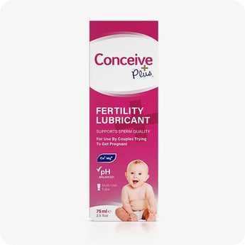 For Conceive Plus Max Combo - Fertility Lubricant Bundle, displaying front of 75ml fertility lubricant multi-use tube packaging in deep pink and white, featuring product claims for sperm quality support, pH balance, and calcium-magnesium enrichment, with a baby image at base.