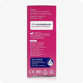 For Conceive Plus Max Combo - Fertility Lubricant Bundle, showing distributor and quality assurance side of 8x4g pre-filled fertility lubricant applicator box, with global contact details, patent registrations, and assurance of tested pH and osmolarity levels, presented on a pink background.