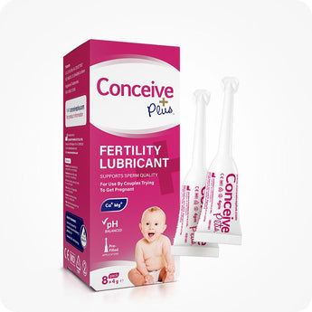 For Conceive Plus Max Combo - Fertility Lubricant Bundle, displaying 8x4g pre-filled fertility lubricant applicators box with two units shown outside box, highlighting pink and white packaging, calcium and magnesium labeling, and pH-balanced support for conception.