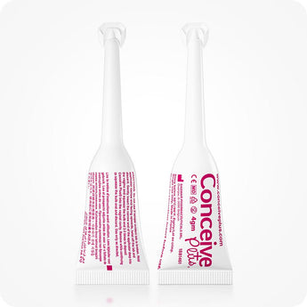 For Conceive Plus Max Combo - Fertility Lubricant Bundle, showing front and back views of two 4g pre-filled fertility lubricant applicators, highlighting product labeling, ingredient details, and CE medical device markings on white applicator tubes with pink text for fertility-safe use.