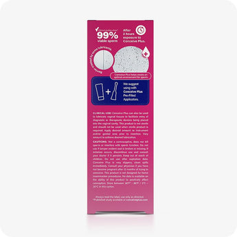 For Conceive Plus Max Combo - Fertility Lubricant Bundle, showing back of 75ml fertility lubricant tube box with sperm viability data, usage warnings, clinical claims, and diagram comparing sperm function with and without lubricant after 2 hours of exposure.