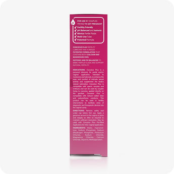 For Conceive Plus Max Combo - Fertility Lubricant Bundle, showing side panel of 75ml fertility lubricant tube box with detailed usage instructions, ingredient list, and highlighted benefits such as fertility-friendly, pH-balanced, and calcium-magnesium ions enriched patented formula.