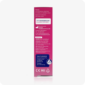 For Conceive Plus Max Combo - Fertility Lubricant Bundle, showing manufacturer and distributor side panel of 75ml fertility lubricant box, listing contact details for global offices, patent numbers, and quality assurance information including pH and osmolarity standards.
