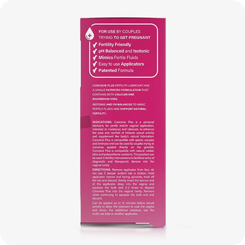 For Conceive Plus Max Combo - Fertility Lubricant Bundle, featuring side panel of 8x4g pre-filled fertility lubricant applicators box, displaying product benefits like pH balance, calcium and magnesium ions, and easy-to-use design with full usage directions and formulation notes.