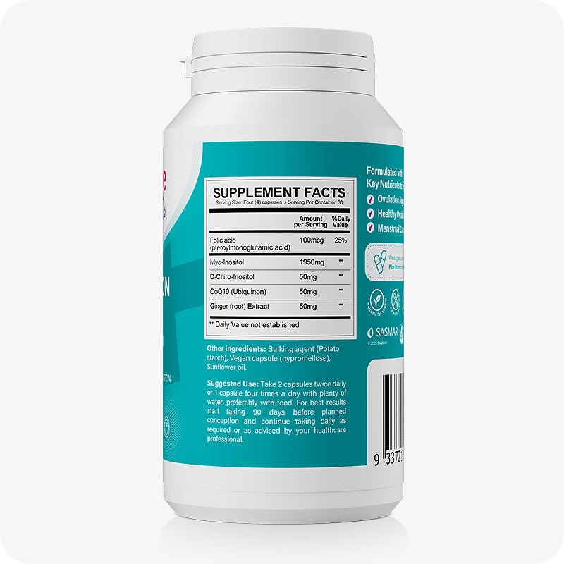 For Conceive Plus Maximum Fertility Bundle, image of Women's ovulation support bottle showing supplement facts label with ingredients such as Myo-Inositol, D-Chiro-Inositol, CoQ10, folic acid, and ginger root extract, presented on a teal background with dosage and vegan-friendly details.