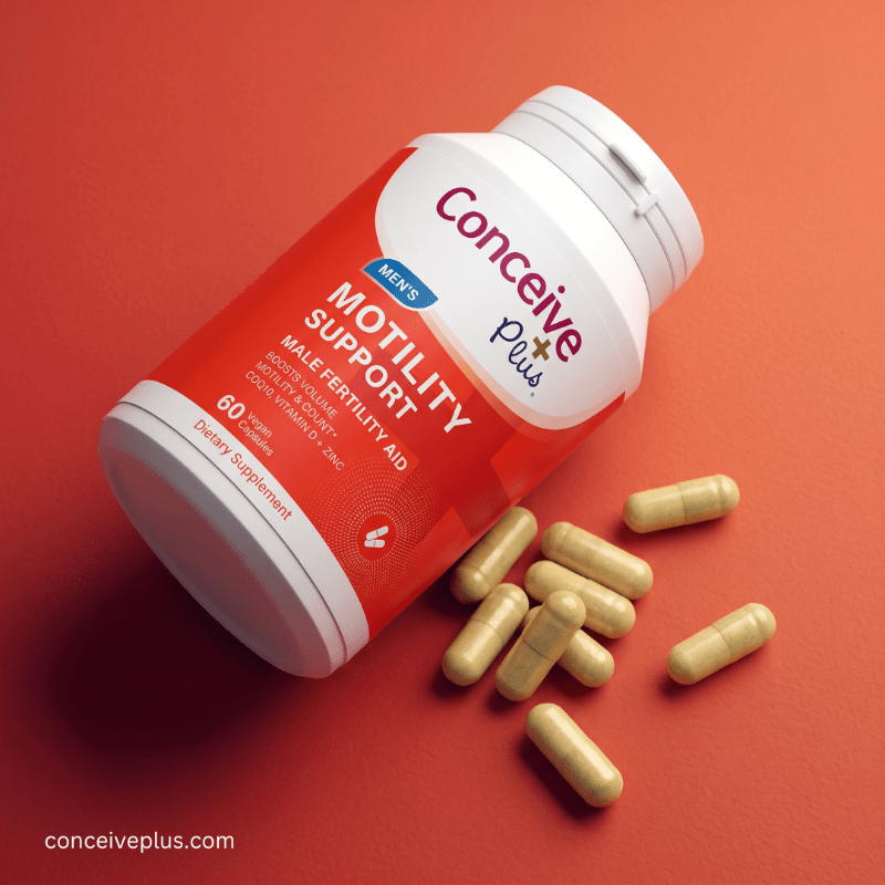 Supplement bottle labeled 'Conceive Plus' with capsules on a red background